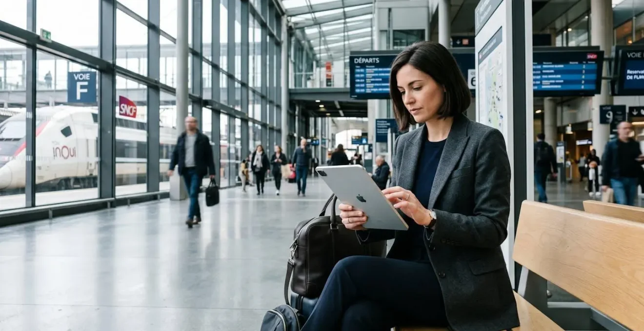 Professionnel consultant les informations d'agences de location sur tablette dans une gare