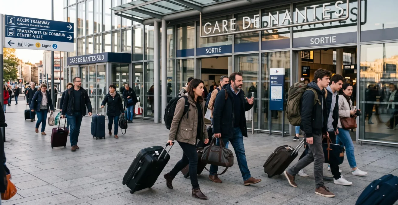 Voyageurs avec bagages sortant de la gare SNCF Nantes Sud, illustrant les contraintes de transport après un trajet en train