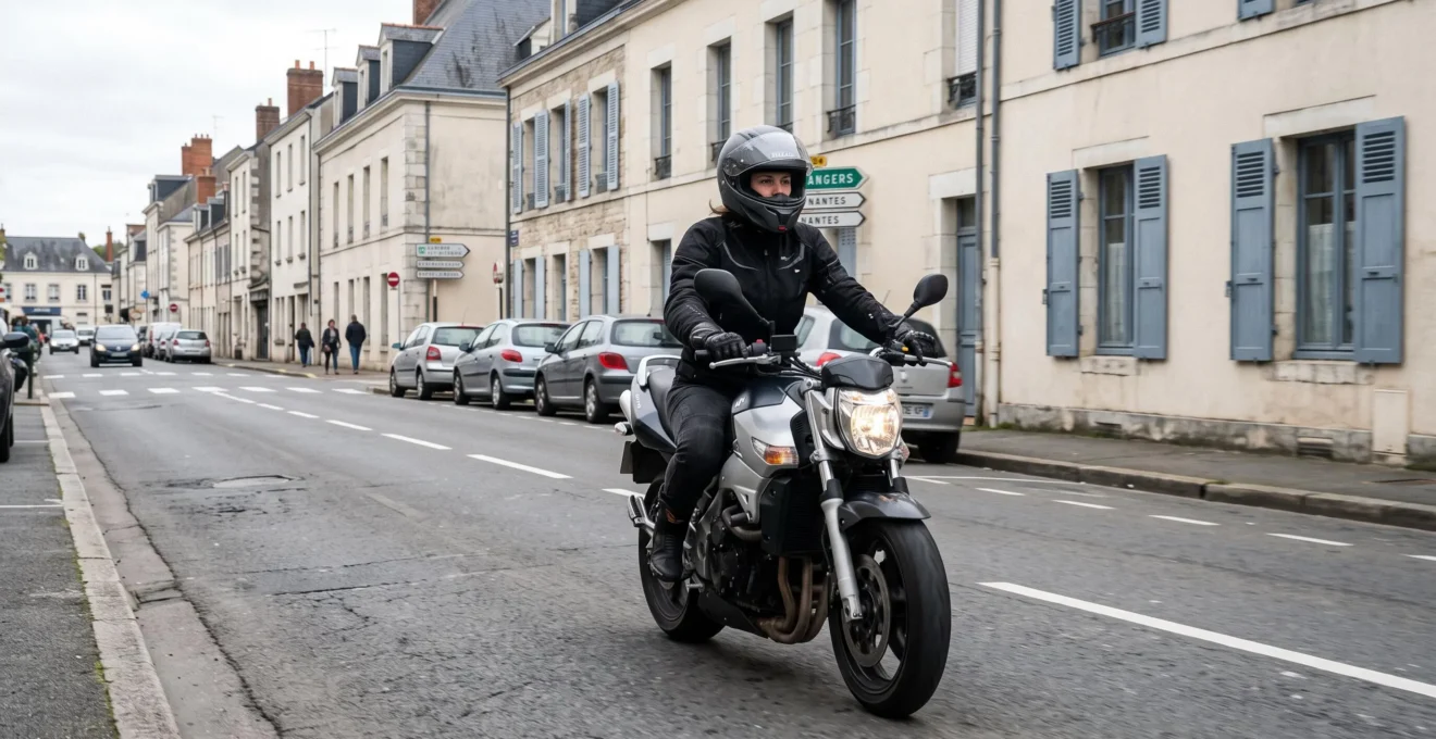 Motard circulant en sécurité sur une route urbaine après sa formation au permis moto