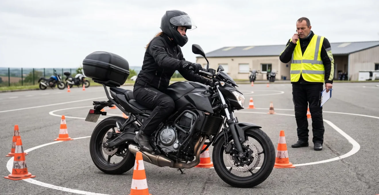 Élève motard en formation pratique réalisant un exercice de maniabilité sur la piste plateau avec un moniteur moto-école