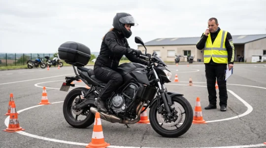 Élève motard en formation pratique réalisant un exercice de maniabilité sur la piste plateau avec un moniteur moto-école