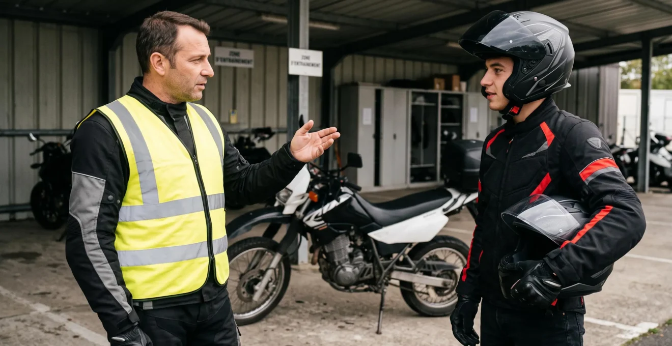 Moniteur moto-école donnant des explications à un élève avant une séance de formation pratique